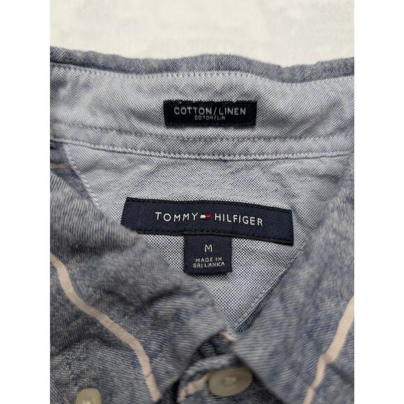 Tommy Hilfiger Mens Linen Short Sleeve Button Down - Medium Gray White Stripe - Picture 2 of 7